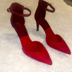Red/Oxblood Suede-like Zara heels with pointed toe and ankle strap.